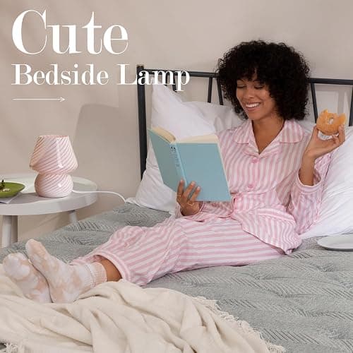 ONEWISH Mushroom Lamp-Small Bedside Table Lamp with Striped Glass, Nightstand Lamp for Bedroom, Living Room, Cafe, Bulb Included, Home Decor for Girls Women, Pink thumbnail 4