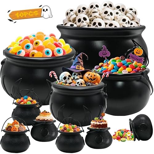Witch Cauldron Halloween Decoration, 10 in 1 Package Large Black Plastic Candy Bowl Set, Cauldron Kettle Candy Holder Containers for Halloween Party Decor & Trick-or-Treat Bowl - Image 1