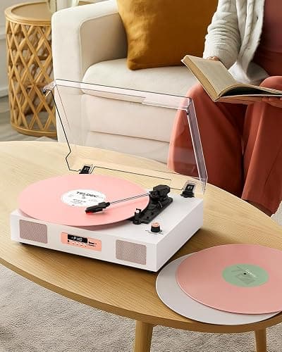 Vinyl Record Player Vintage Wireless Bluetooth Record Player with Stereo Speakers, USB/TF Card Recording, LP Player with 3 Speed Belt Drive Turntable Support RCA Line-Out AUX Input EQ,White& Rose Gold thumbnail 6