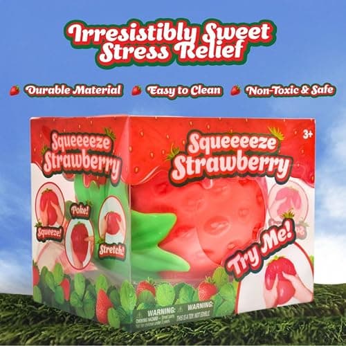 Sunny Days Entertainment Strawberry Squishy - Jumbo Stress Ball - Ages 3+ | Thermoplastic Rubber TPR, 5.75 x 5 x 5 in, Extra Large Size, Red Color, Fruit Theme, 0.9 lb Weight, Small Parts Warning thumbnail 4