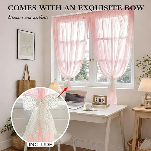 JILRON Light Filtering Sheer Curtains Self Adhesive Window Screen Privacy Decor for Living Room Bedroom Rental-Pink(W 27*L 55in) thumbnail 5
