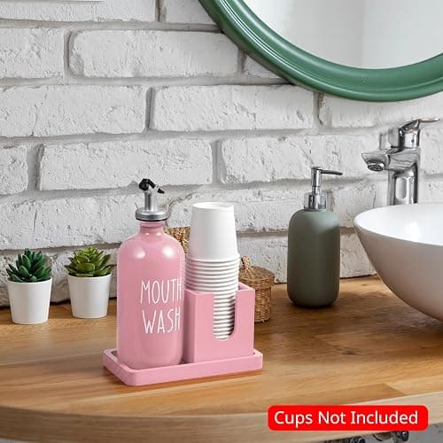 Glass Mouthwash Dispenser for Bathroom, 16 OZ Mouthwash Dispenser with Pour Spout and Wood Cup Holder and Tray, Mouth Wash Bottle Container, Farmhouse Kitchen Bathroom Decor and Accessories, Pink thumbnail 2