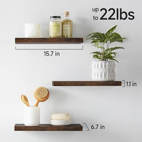 BAYKA Rustic Brown Bathroom Floating Shelves, 15.7in, 3Pk, Wall Mount Shelf | Easy Install, 22lbs Max Load, Hidden Bracket, for Living Room Bedroom Kitchen Display Storage Decor, Multi-Wall Compatible thumbnail 3