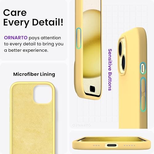 ORNARTO Compatible with iPhone 15 Case 6.1, Slim Liquid Silicone 3 Layers Full Covered Soft Gel Rubber Phone Case, Anti-Scratch Shockproof Protective Cover 6.1 Inch, Butter Yellow thumbnail 5