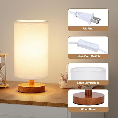Fenmzee Small Table Lamp for Bedroom - Inline Control, Bedside Lamp with 3000K A15 LED Blub, Easy Assembly (White Shade - Walnut Base, 9" Inline Control) thumbnail 2