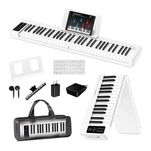 Rhymo Folding Piano Keyboard, 61 Keys Sensitive Electric Piano | Semi-Weighted Portable Electric Keyboard with Bluetooth MIDI, Digital Foldable Keyboard for Beginners(White) - Image 1