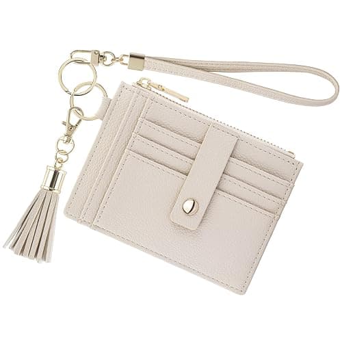 New Fashion Kingdom Wristlet Keychain Wallet for Women Slim Rfid Blocking Credit Card Holder Wristlet Zip Id Case Wallet Small Compact Leather Wallet Coin Purse for Women (Beige) - Image 1