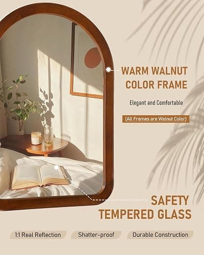 Arched Mirror 24 x 36 Inch,Walnut Brown Wood Rustic Bathroom Wall Mirror | Tempered Glass Hanging Mirror with Wooden Frame,Round corner Arch Farmhouse Vanity Mirror for Living Room,Entryway or Bedroom thumbnail 6