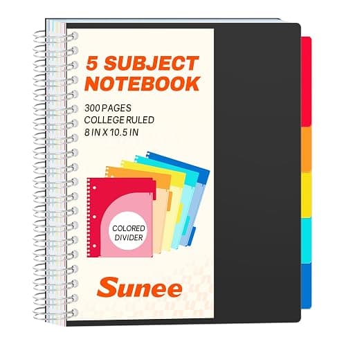 SUNEE Spiral Notebooks for Work with Removable Dividers & Tabs – College Ruled 5 Subject, 300 Pages, 3 Hole Punched, Durable PP Cover, 8"x10.5" – Notebooks for Office or School, Black - Image 1