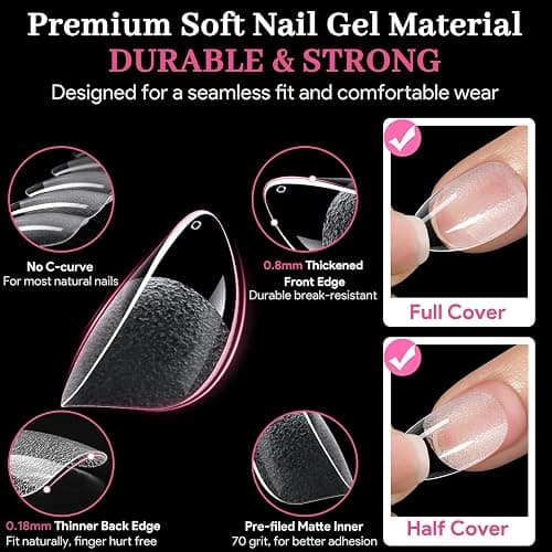Qiek Extra Short Almond Fake Nail Tips, 15 Sizes 240 PCS Clear Half Matte Press On False Nail Tips Pre-shaped Full Cover Gel Nail Acrylic Soft Tip Extensions Thick Long Lasting for Home DIY Nail Salon thumbnail 4