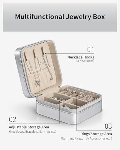 Vlando Small Travel Jewelry Box Organizer - Girls Women Gift Rings Earrings Necklaces Jewelry Storage Display Case - Silver thumbnail 3