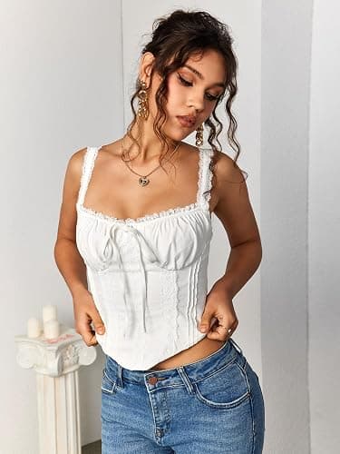 KUTUMAI Lace Corset Top Y2K Cute Square Neck Bustier Going Out Tank Crop Tops for Women Trendy Summer - Medium - White thumbnail 5