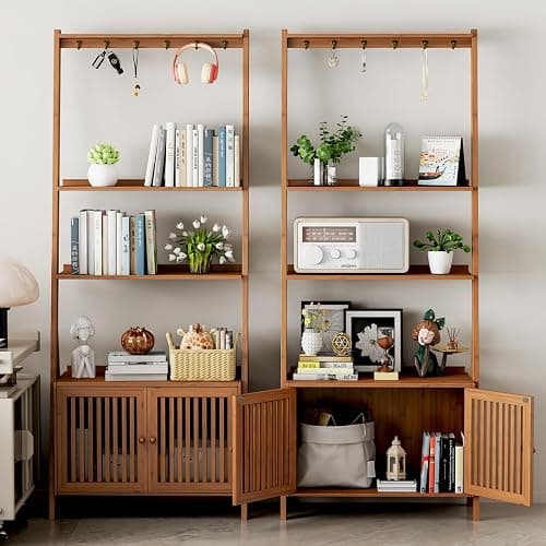 Bookcase with Drawers, 4-Tier Bamboo Bookshelf Ladder Shelf with 6 Hooks, Tall Narrow Retro Book Shelf, 24.8"L x 10.6"W x 59.5"H, Standing Storage Organizer for Living Room, Office, Bedroom, Walnut thumbnail 7