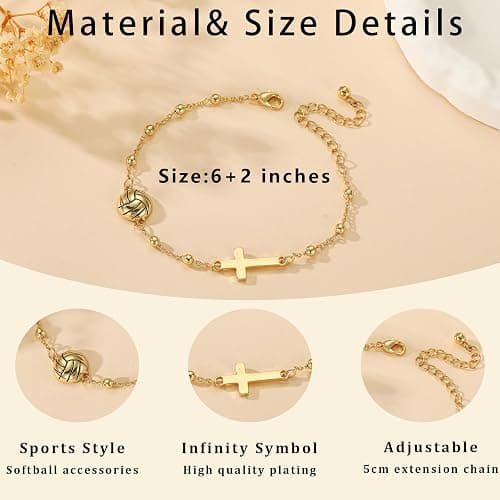 VULETO Softball/Volleyball/Soccer/Basketball Football Bracelet for Girls Women, 14K Gold Plated Cross Link Chain Sport Accessories Birthday Christmas Christian Jewelry Gifts for Teens Team Coach Players thumbnail 4
