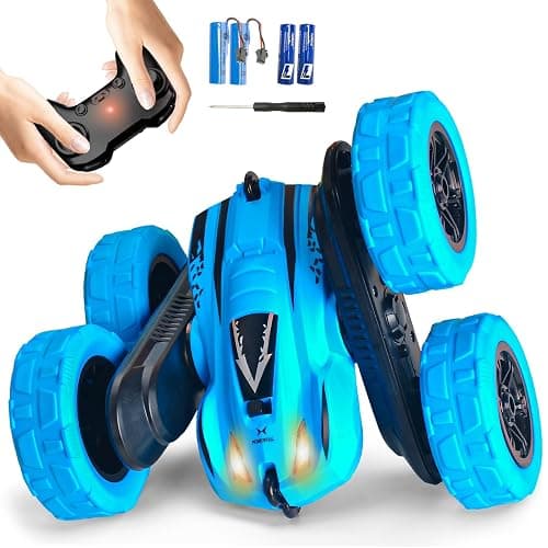 RacingFun Remote Control Car for 6-12 Year Old Double Sided 360°Rotating 4WD RC Cars with Headlights 2.4GHz Rechargeable Electric Stunt Race Car Toy for Boys Girls Birthday Gifts(Blue) - Image 1