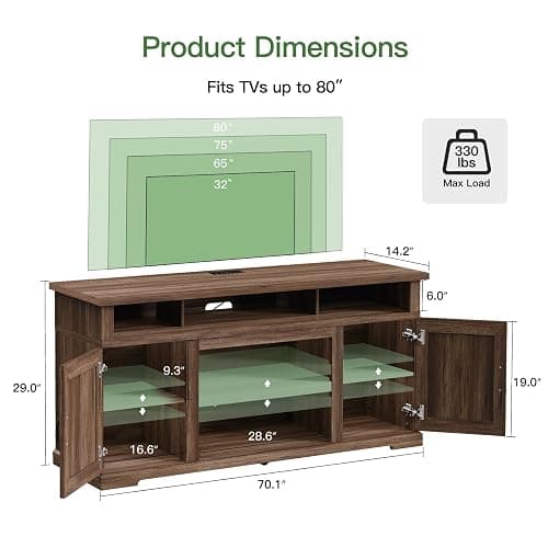Marsail 70" Rustic Farmhouse TV Stand, Entertainment Center Fits TVs up to 80 Inch, Storage Cabinets, Adjustable Shelves & Built-in Power Outlets, for Living Room, Dark Brown thumbnail 3