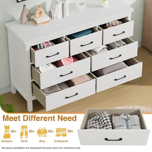 JOZZBY White Dresser for Bedroom with 7 Drawers, Modern Deep Drawer Dresser with Golden Handles, Wooden Storage Organizer Chest of Drawers for Office, Hallway thumbnail 5