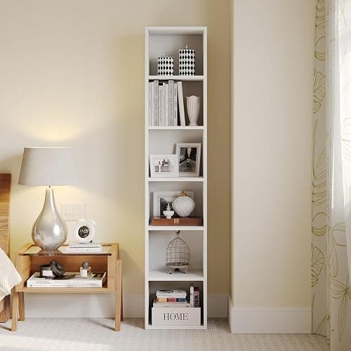 MXV Narrow Bookshelf, 6-Tier Open Bookcase, Coner Shelf, Storage Shelves, Display Storage Shelves, Floor Standing Unit, Home Decor, Furniture for Home Office, Living Room, Bedroom, White thumbnail 3