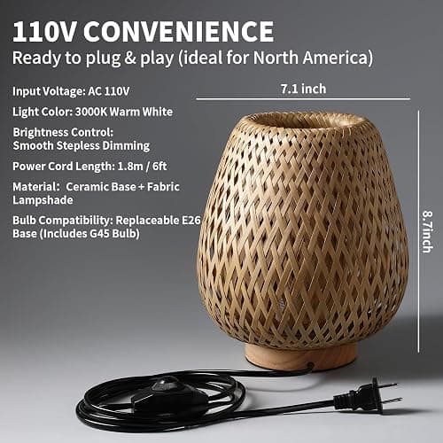 URLIGHTS Table Lamp with Double Layer Woven Shade Wood Base,Desk Bedside Small Lamps with 6ft Power Cord, 110V Plug, Dimmable E26 Socket (Bulb Included) for Living Room Night Stands Bedroom thumbnail 6