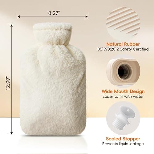 Dawdix 2L Natural Rubber Hot Water Bottle with Cover, Leakproof Design for Hot & Cold Compress, Ideal for Menstrual Cramps/Hand & Feet Warmer/Neck & Shoulder Pain Relief, Ultra-Soft Touch, Cream White thumbnail 5