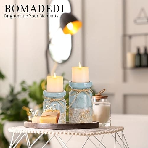 Romadedi Beach Pillar Candle Holder - Terracotta Distressed Blue Teal Ocean Theme Decor Drift Bottle Design Nautical Rustic Farmhouse Gift for Coastal Home Bathroom thumbnail 4