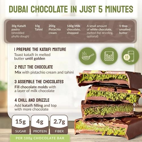 Viral Dubai Chocolate Bar Kit – Makes 14.10 oz of Bars, Chocolate Mold, Shredded Kataifi, Pistachio Cream – DIY Gift Box Dubai Kit – Great Gift for Father’s Day thumbnail 5
