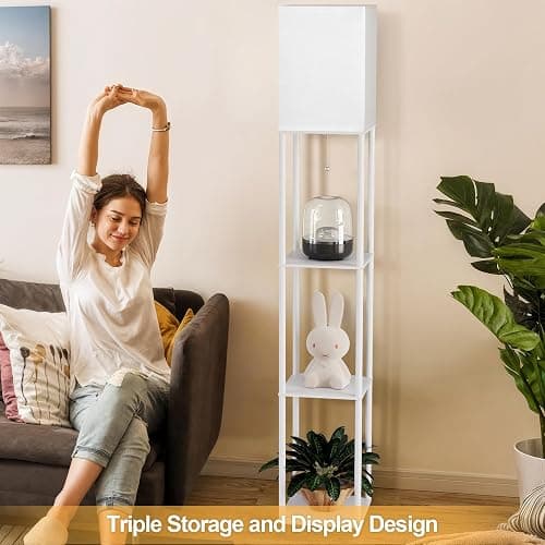 Floor Lamp with Shelves for Living Room White, Shelf Floor Lamp with 3 CCT LED Bulb, Corner Display Standing Column Lamp Etagere Organizer Tower Nightstand with White Linen Shade for Bedroom, Office thumbnail 6