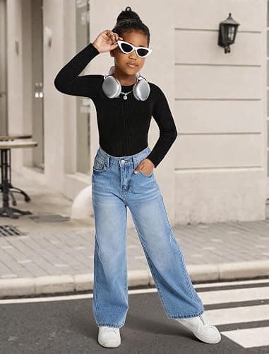 Fulihug Jeans for Girls Baggy Wide Leg Cute Bow High Elastic Waisted Denim Pants Y2K Boyfriend Skater Streetwear 7-14Y thumbnail 2