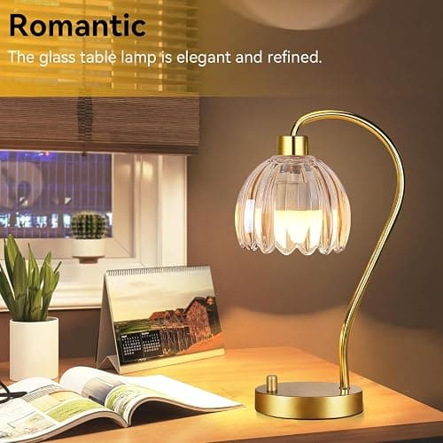 ILLMTW Small Table Lamp Set of 2,Gold Bedside Lamps Dimmable Boho Bedroom Lamp with Glass Tulip Flower Amber Lamp Shade,Vintage Mid Century Modern Mini Nightstand Lamp for Bedroom Living Room thumbnail 4