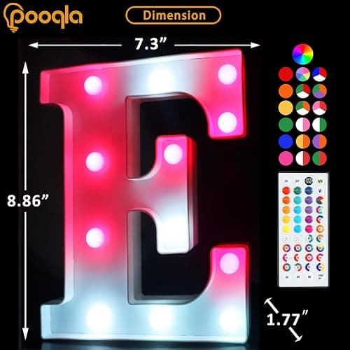 Pooqla Colorful Light Up Letters with Remote, Upgraded 35 Colors LED Marquee Letters, RGB Lighted Letter for Girls Teenager Gift, Birthday, Party, Wedding, Night Light, Room, Bedroom Decor, Letter E thumbnail 7