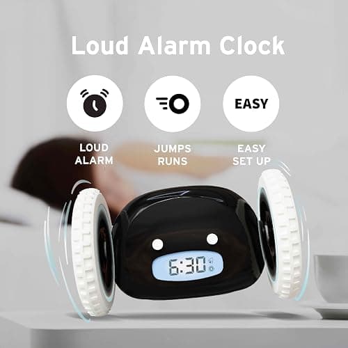 CLOCKY Extra Loud Alarm Clock for Heavy Sleepers on Wheels Rolls Runs Away Vibrating, Easy to Set Super Smart Snooze Digital Bed Shaker Alarm Clock Funny Gift for Adults Kids Teens Bedrooms (Black) thumbnail 3