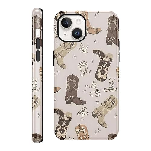 Vulfwela for iPhone 13/iPhone 14 6.1'' Brown Bow Cowgirl Western Phone Case | 2 in 1 Retro Fall Cowboy Star Boot Pattern Aesthetic Boho Case Scratch-Resistant Shockproof Protective Cover for Women Girls - Image 1