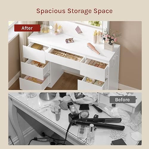 ⭐️WOLTU Dressing Table with Lights and Socket Strip, Vanity Desk with Large LED Mirror and 7 Drawers, Makeup Desk 110x39.5x140cm, White Modern Bedroom Dresser, MB6124ws thumbnail 7