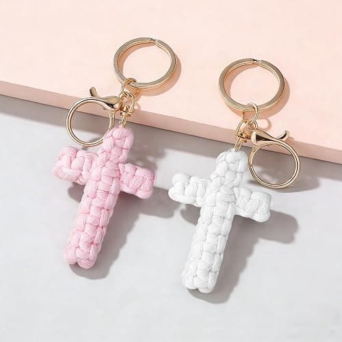 Set of 2: pink and white. Hand-woven cross keychain, soft to the touch, carrying the name of Jesus—Christian car charm and Bohemian ornament in one, a handmade gift for her and for him. thumbnail 5