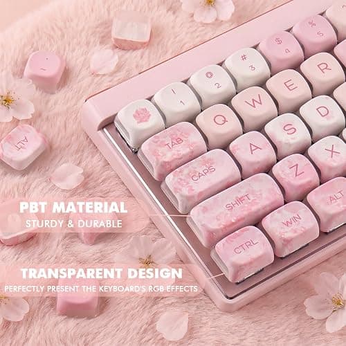Tsungup Keycaps-Pink Cherry Blossom MOA Keycaps,Cute Sakura Custom Keycap Set 133 Keys PBT Dye Sublimation Shine Through Keyboard caps for Cherry Gateron MX Swithes Mechanical Keyboard thumbnail 4