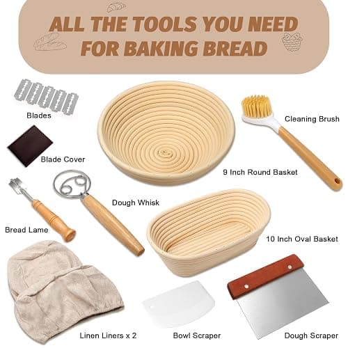 Sourdough Proofing Basket Gift Set, 9" Round and 10" Oval Banneton Bread Baking Supplies, Sourdough Baskets with Bread Lame, Danish Whish, Bowl Scraper, Sourdough Scraper, and Linen Liners thumbnail 6