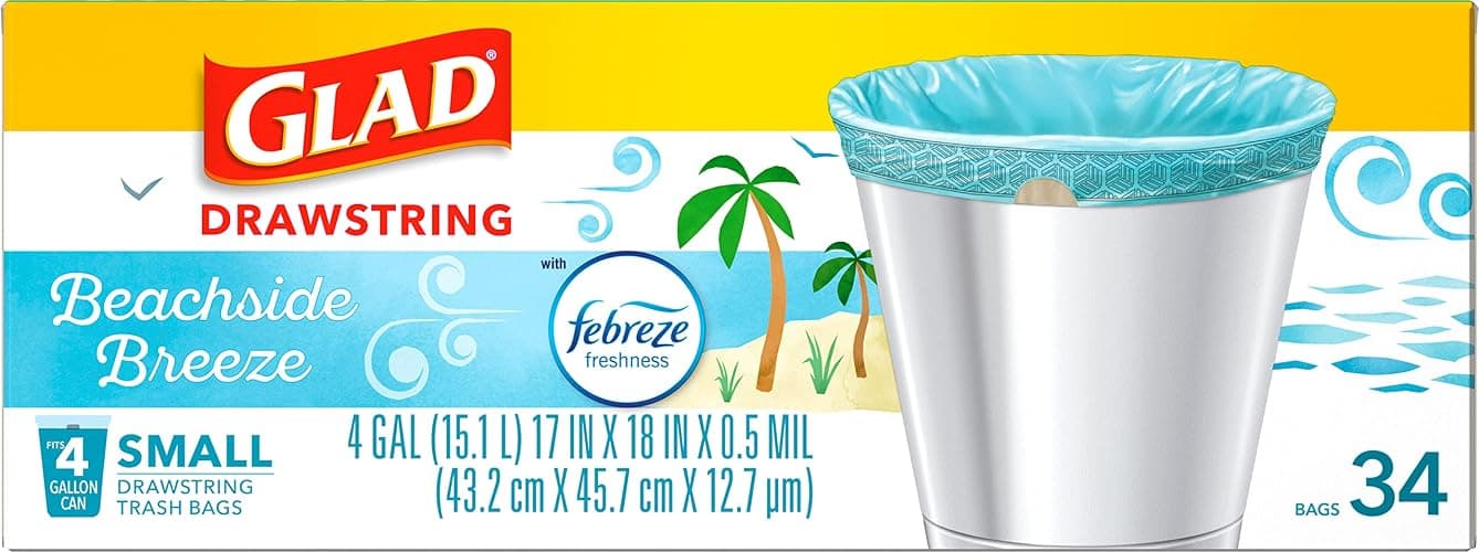 Glad Small Trash Bags 4 Gallon, Febreze Beachside Breeze Garbage Bags, Odor Resistant with Drawstring, 34 Count thumbnail 8