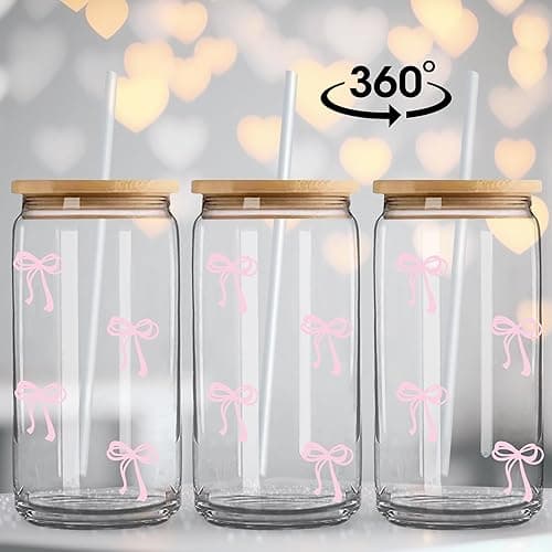 BIPEDS Coquette Cute Pink Bow Glass Cups with Lids and Straws, Aesthetic Iced Coffee Cup, Girly Preppy Design Tumbler Mug, Birthday Valentines Christmas Gifts for Women, Teen Girl Gifts Trendy Stuff thumbnail 5