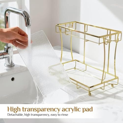 Megier Bathroom Organizer Countertop Perfume Organizer Makeup Organizer Cosmetics Storage Display Rack Vanity Tray Dresser Steel Gold Shelf Transparency Wavy Acrylic Tray (2 Tier Golden) thumbnail 7