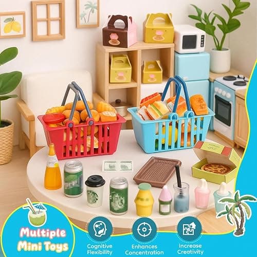 196Pcs Mini Shopping Cart Basket Trolley Grocery Game Model Miniature Drink Bottle Food Pizza with Box Supermarket Metal Handcart Toy Doll House Store Cosplay Pretend Kitchen Shelf Cash Register thumbnail 8