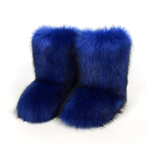 QMFUR Women's Furry Faux Fur Boots Fuzzy Fluffy Mid Calf Snow Boots Suede Warm Fur Lined Booties Flat Fashion Boots - 8 - Deep Blue thumbnail 2