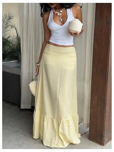 Milumia Women's Striped Ruffle Hem A Line Skirt Mid Waisted Summer Beach Maxi Skirts thumbnail 4