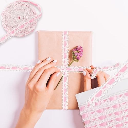 SmallCat 2 Yards Pink Lace Ribbon, Bow Lace for Crafts, Vintage Pink Laces, Stretch Laces Trim for Wrapping, Bouquet Packaging, DIY Crafts, Wedding Decorations, Party Decoration thumbnail 5
