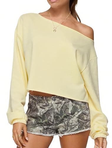 Women Off The Shoulder Sweatshirt Oversized Crop Top | One Shoulder Long Sleeve Pullover Cropped Sweatshirts, Y2k, Off Shoulder, Gym Workout Sweaters - Image 1