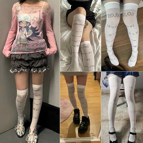 Winatehr lolita y2k thighs high stockings for girls, kawaii cute sheer patterned thin long knee trouser sexy patterned white socks for women, cutecore cosplay femboy gyaru clothes thumbnail 2