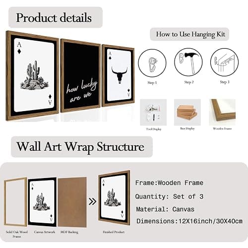 Western Wall Art Set of 3, Southwestern Cowboy Playing Card Wall Decor, Longhorn Bull Skull and How Lucky are We Poster Canvas Painting Prints for Bedroom Living Room 12x16 inch Wood Framed thumbnail 2