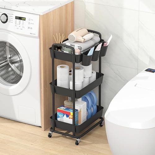 JIUYOTREE 3-Tier Plastic Rolling Storage Cart Utility Cart with Extra Hanging Cups Handles Lockable Wheels for Living Room Bathroom Kitchen Office Black thumbnail 2