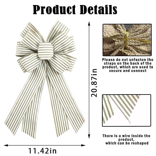 chmacura Natural Burlap Wreath Bow 20 x 11 Inches Easter Bows Light Khaki Stripes Ribbon Bow Carnival Farmhouse Bow Tree Ornament for Home Front Door Decorations thumbnail 3