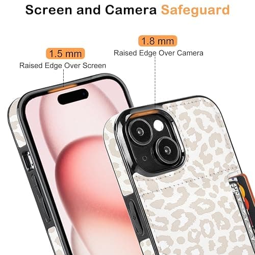 uCOLOR for iPhone 13 14 15 Case with Card Holder- Slim Leather Wallet Case Credit Card Holder Drop Protective Hidden Card Slot Cover for Woman Man (Beige Leopard, iPhone 15/14/13) thumbnail 5