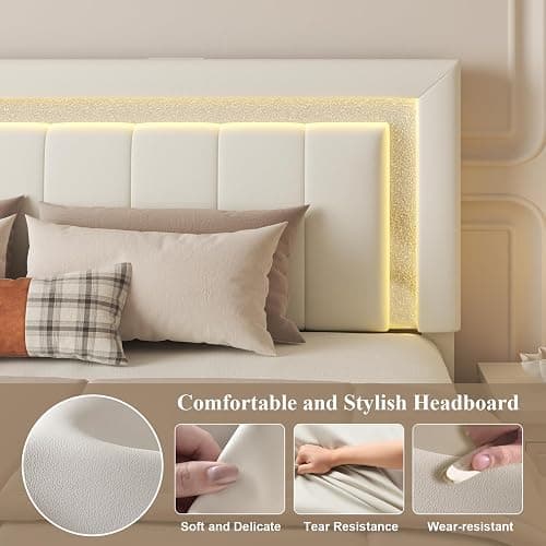 Full Bed Frame with Charging Station, Storage Drawers, Upholstered White | Platform Bed with LED Lights, PU Leather, Adjustable Headboard, Heavy Duty Metal Slats, No Box Spring Needed, Noise-Free thumbnail 8
